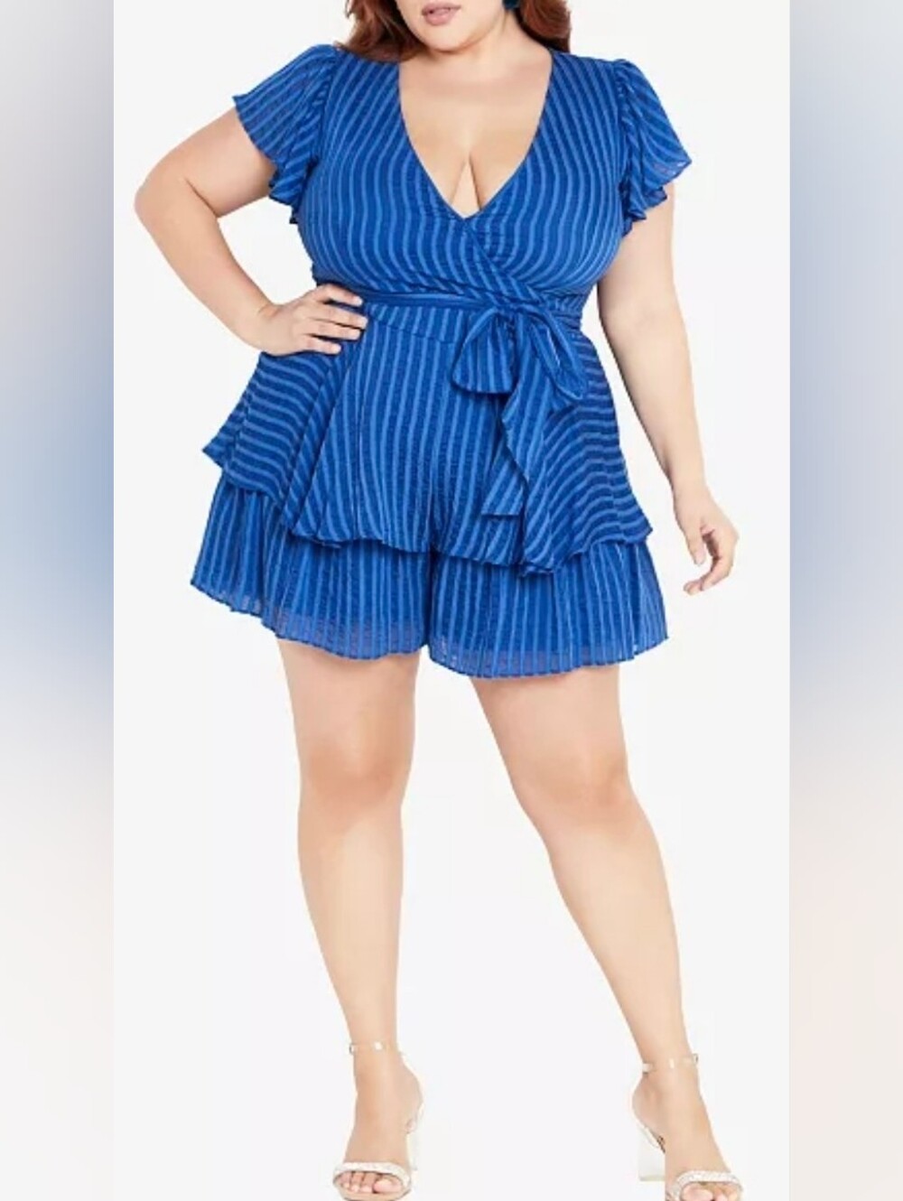 Plus Size Blue Stripe Wrap Romper with Tie Waist